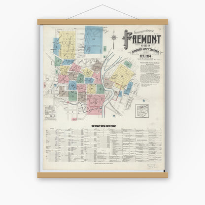 Old map wall art mockup — magnetic wood frame on white wall — Sanborn Fire Insurance Map from Fremont, Sandusky County, Ohio (1914), Sheet #0001