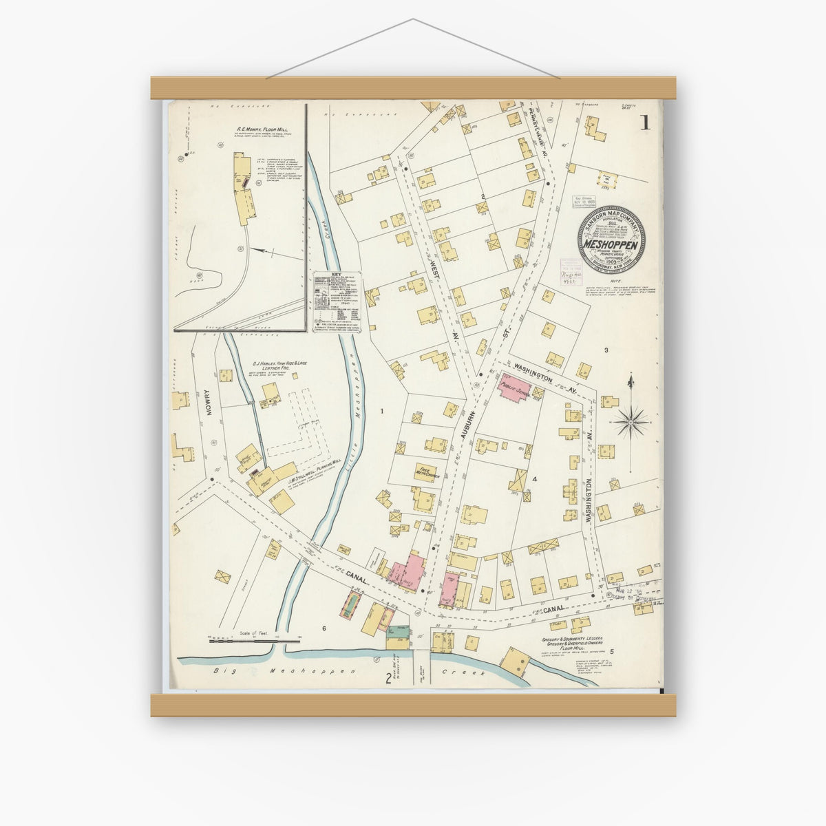 Old map wall art mockup — magnetic wood frame on white wall — Sanborn Fire Insurance Map from Meshoppen, Wyoming County, Pennsylvania (1903) - Complete Map Set