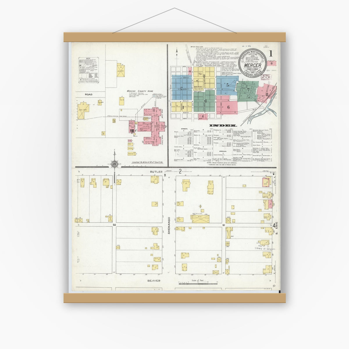 Old map wall art mockup — magnetic wood frame on white wall — Sanborn Fire Insurance Map from Mercer, Mercer County, Pennsylvania (1910) - Complete Map Set