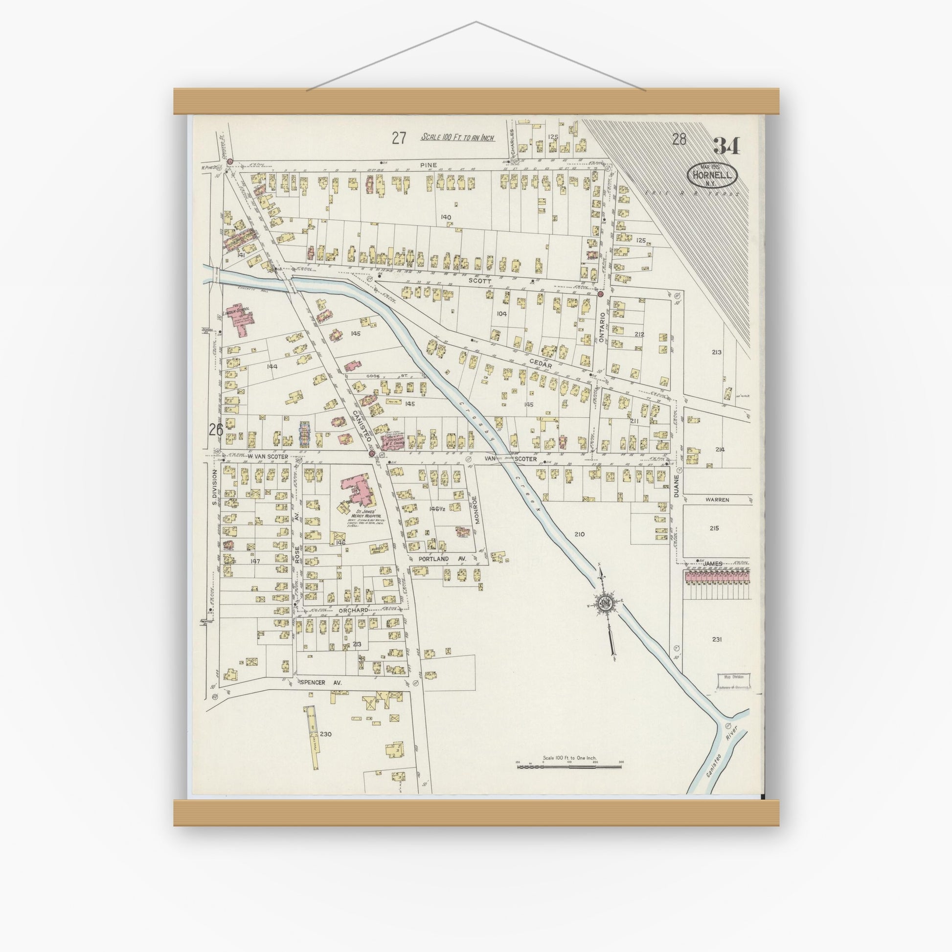 Old map wall art mockup — magnetic wood frame on white wall — Sanborn Fire Insurance Map from Hornell, Steuben County, New York (1915), Sheet #0034