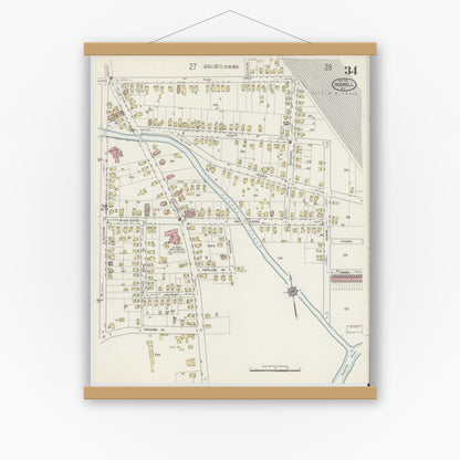 Old map wall art mockup — magnetic wood frame on white wall — Sanborn Fire Insurance Map from Hornell, Steuben County, New York (1915), Sheet #0034