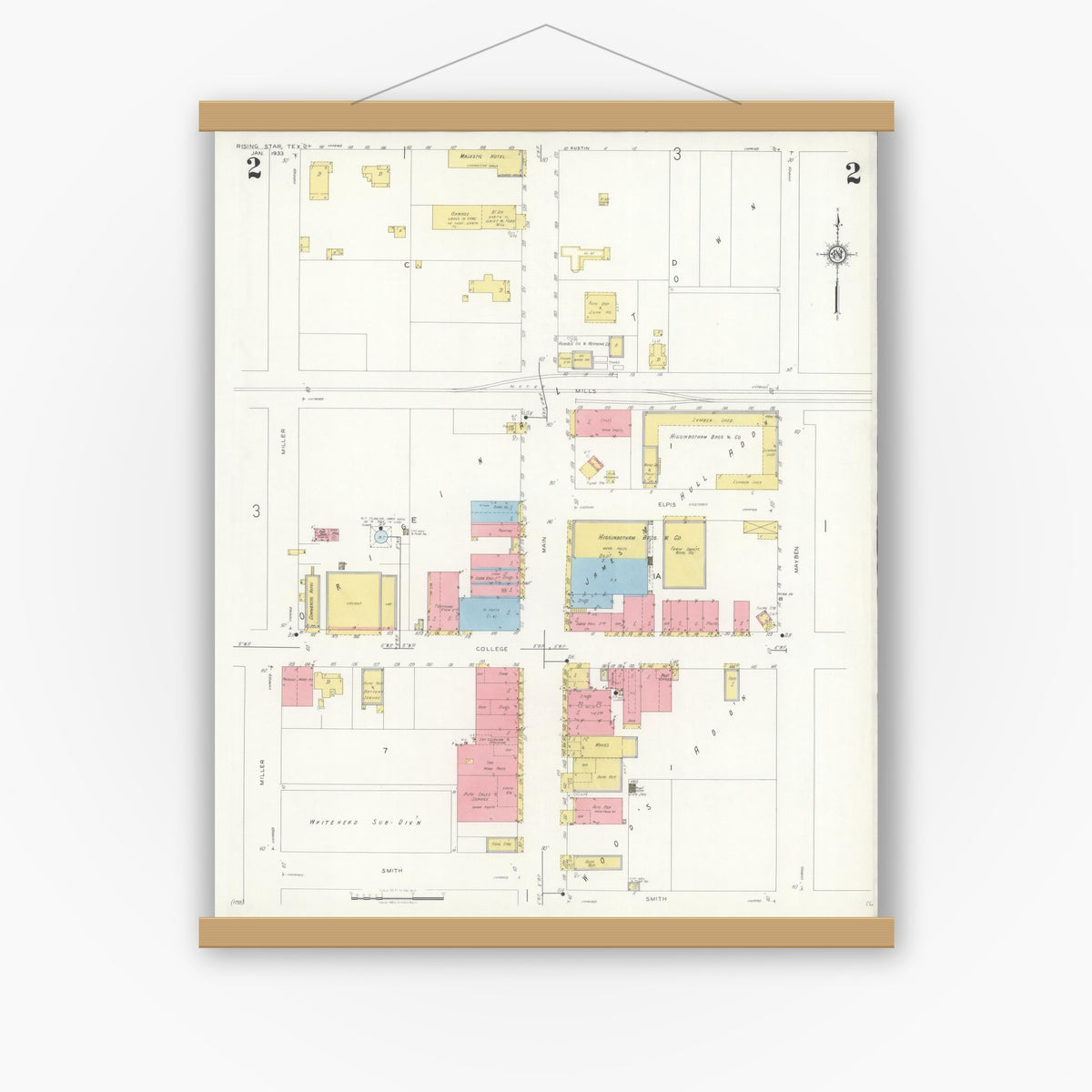 Old map wall art mockup — magnetic wood frame on white wall — Sanborn Fire Insurance Map from Rising Star, Eastland County, Texas (1933), Sheet #0002