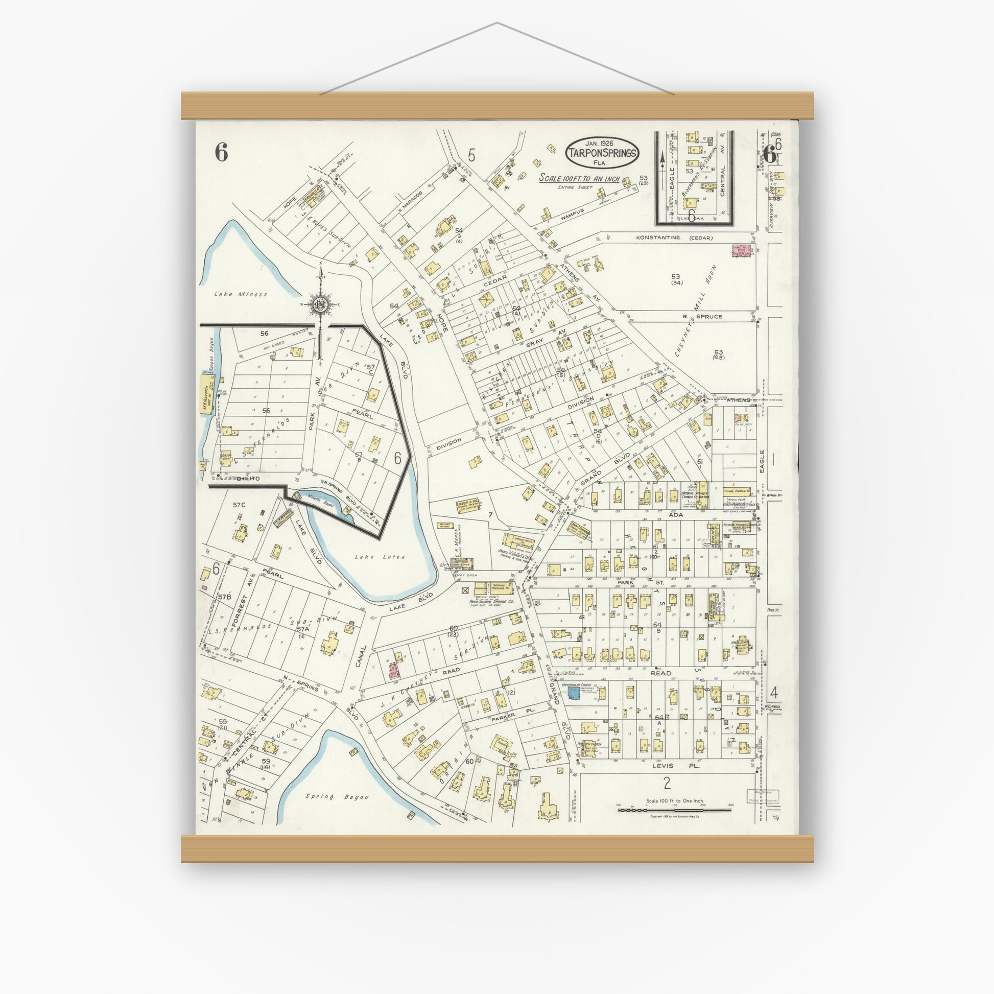 Old map wall art mockup — magnetic wood frame on white wall — Sanborn Fire Insurance Map from Tarpon Springs, Pinellas County, Florida (1926), Sheet #0006