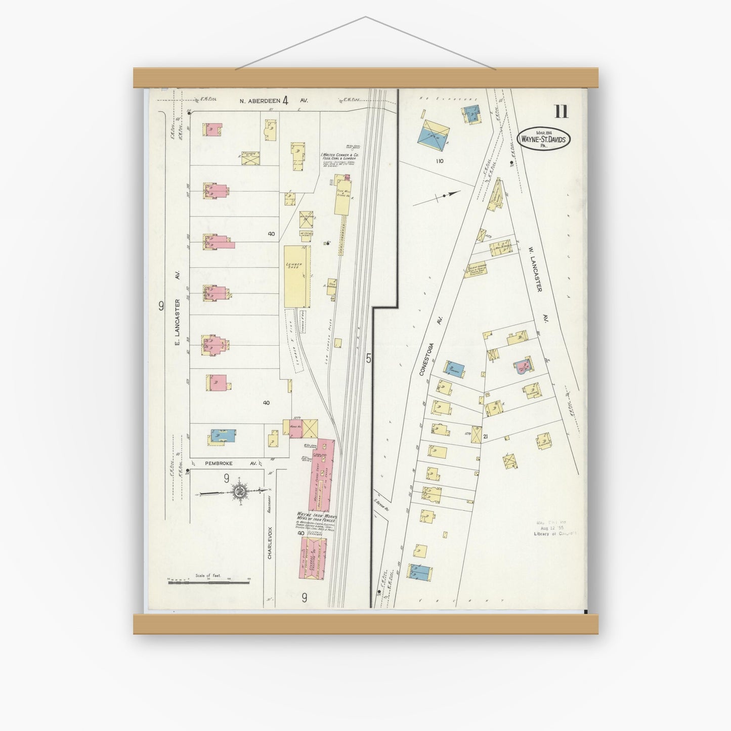Old map wall art mockup — magnetic wood frame on white wall — Sanborn Fire Insurance Map from Wayne, Delaware County, Pennsylvania (1914), Sheet #0011