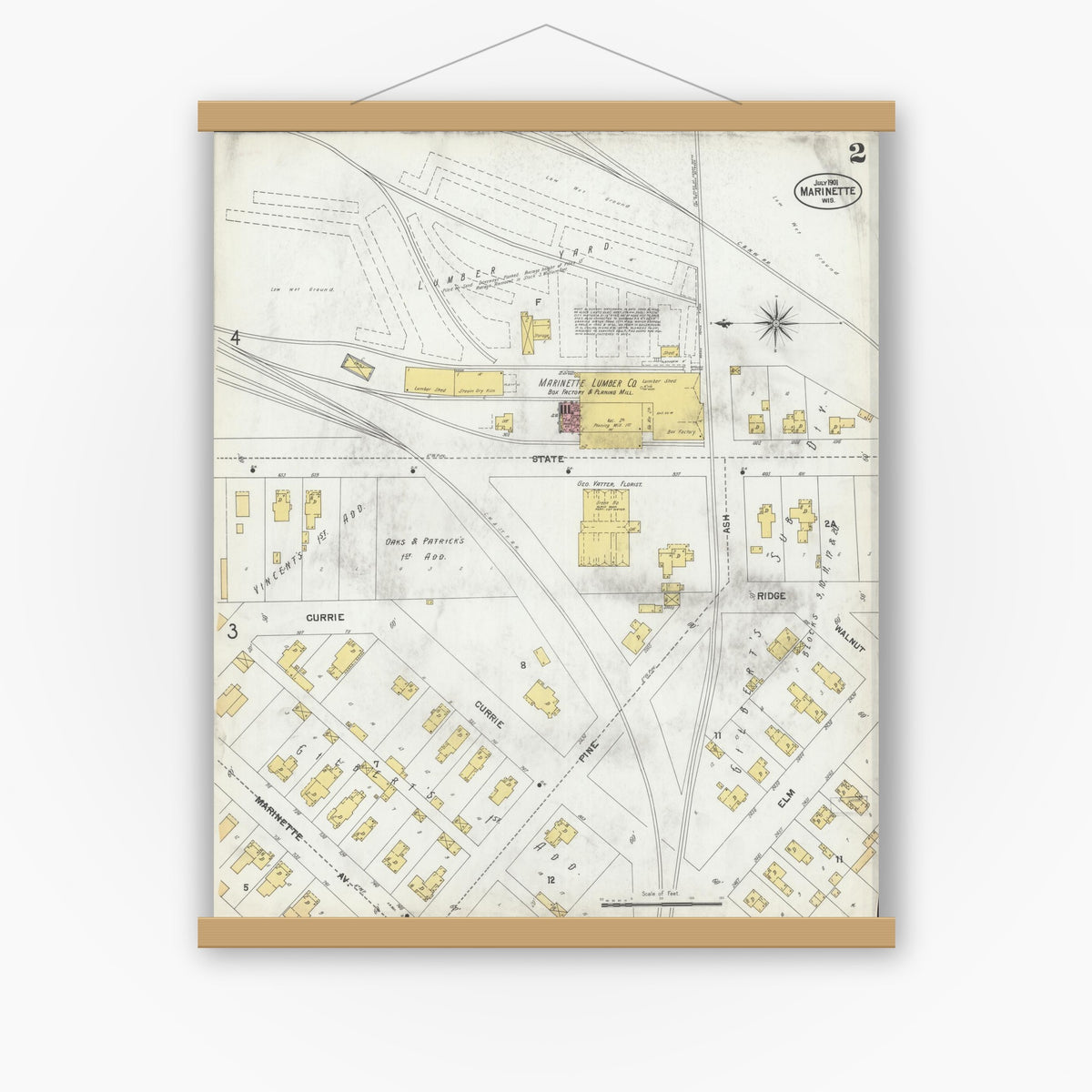 Old map wall art mockup — magnetic wood frame on white wall — Sanborn Fire Insurance Map from Marinette, Marinette County, Wisconsin (1901), Sheet #0002