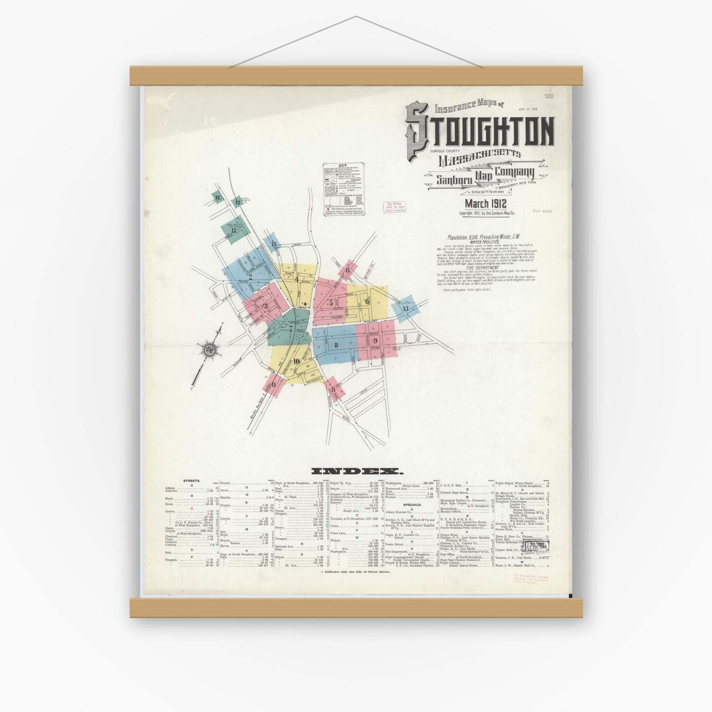 Old map wall art mockup — magnetic wood frame on white wall — Sanborn Fire Insurance Map from Stoughton, Norfolk County, Massachusetts (1912) - Complete Map Set