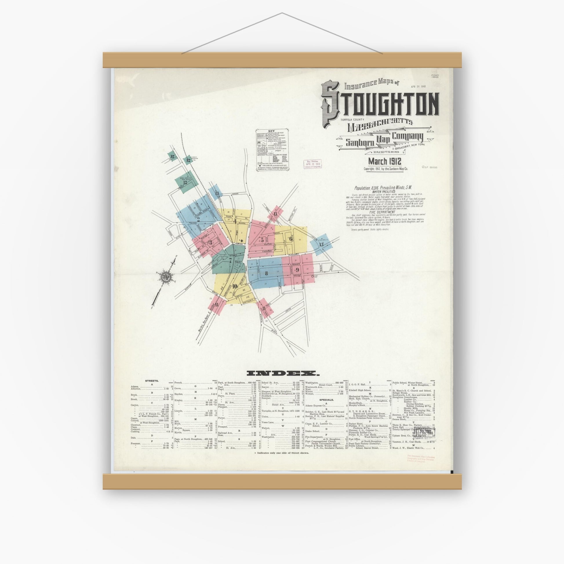 Old map wall art mockup — magnetic wood frame on white wall — Sanborn Fire Insurance Map from Stoughton, Norfolk County, Massachusetts (1912) - Complete Map Set