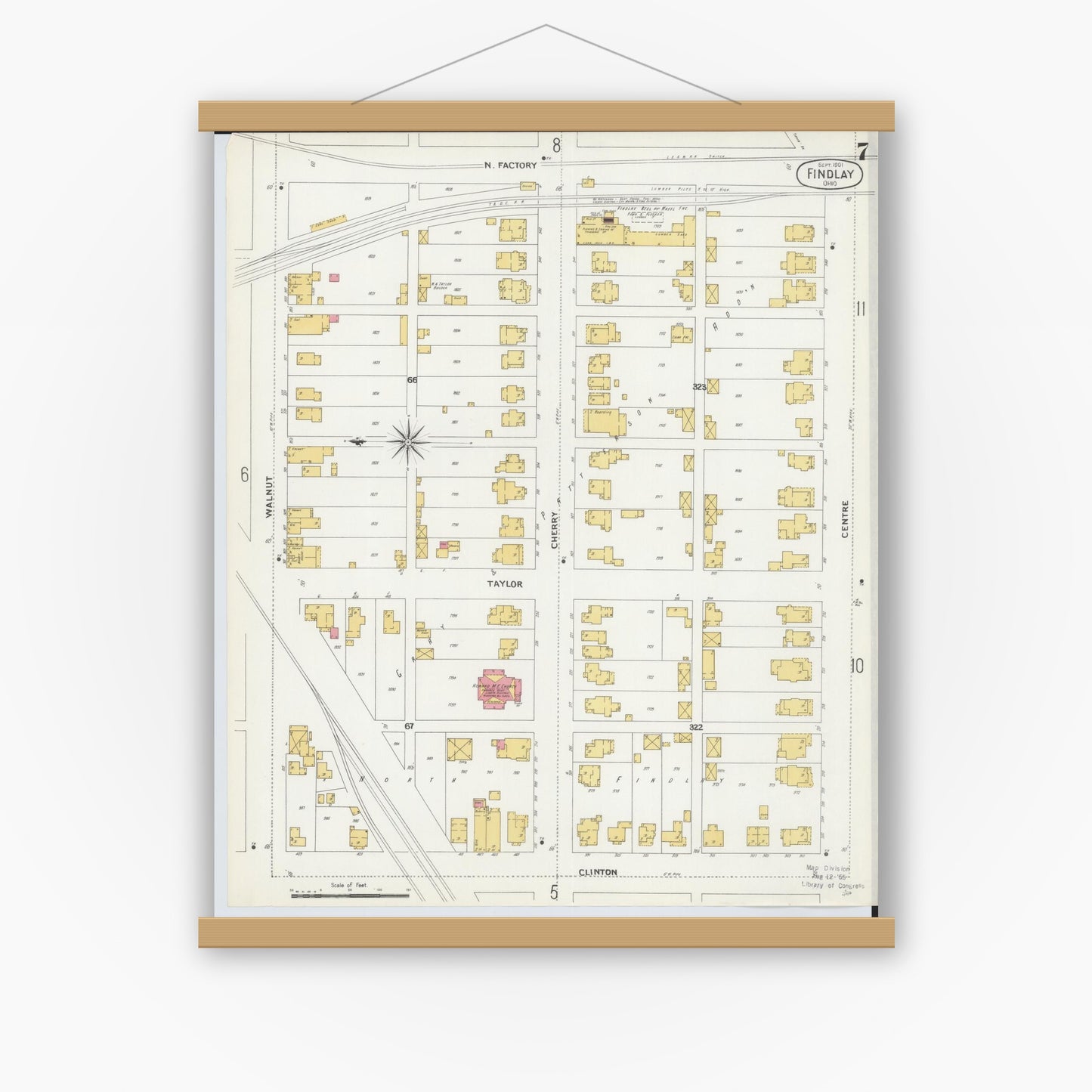 Old map wall art mockup — magnetic wood frame on white wall — Sanborn Fire Insurance Map from Findlay, Hancock County, Ohio (1901), Sheet #0007