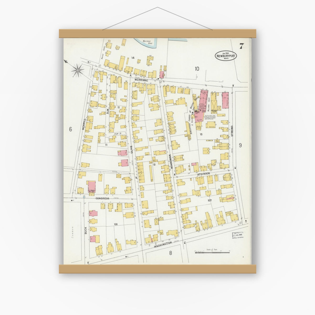 Old map wall art mockup — magnetic wood frame on white wall — Sanborn Fire Insurance Map from Newburyport, Essex County, Massachusetts (1900), Sheet #0007