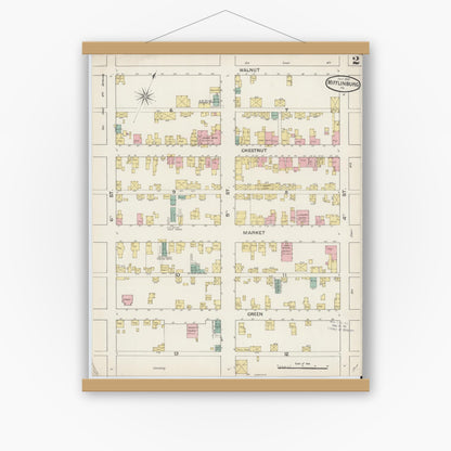 Old map wall art mockup — magnetic wood frame on white wall — Sanborn Fire Insurance Map from Mifflinburg, Union County, Pennsylvania (1887), Sheet #0002