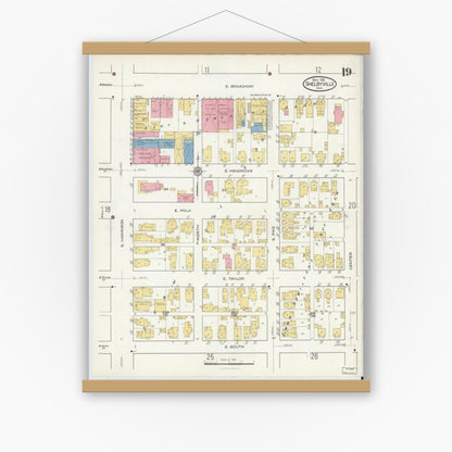Old map wall art mockup — magnetic wood frame on white wall — Sanborn Fire Insurance Map from Shelbyville, Shelby County, Indiana (1916), Sheet #0019