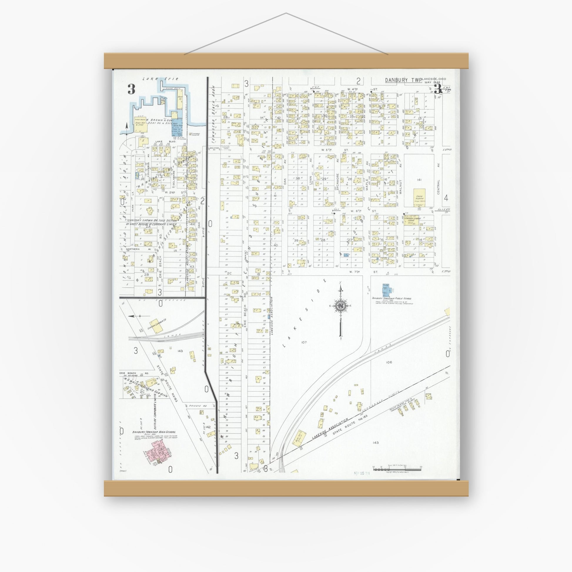 Old map wall art mockup — magnetic wood frame on white wall — Sanborn Fire Insurance Map from Lakeside, Ottawa County, Ohio (1946), Sheet #0003