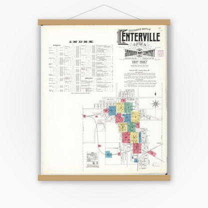 Old map wall art mockup — magnetic wood frame on white wall — Sanborn Fire Insurance Map from Centerville, Appanoose County, Iowa (1907) â€” Complete Set