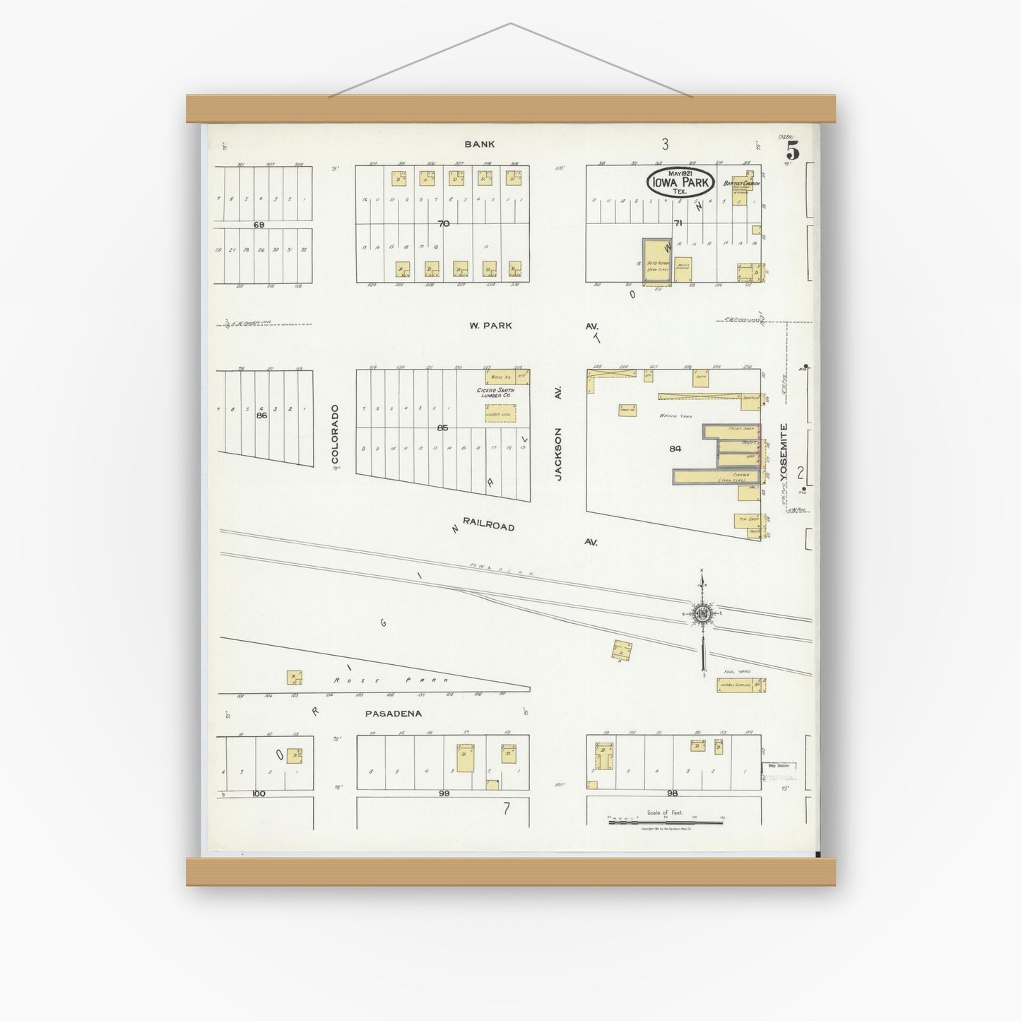 Old map wall art mockup — magnetic wood frame on white wall — Sanborn Fire Insurance Map from Iowa Park, Wichita County, Texas (1921), Sheet #0005