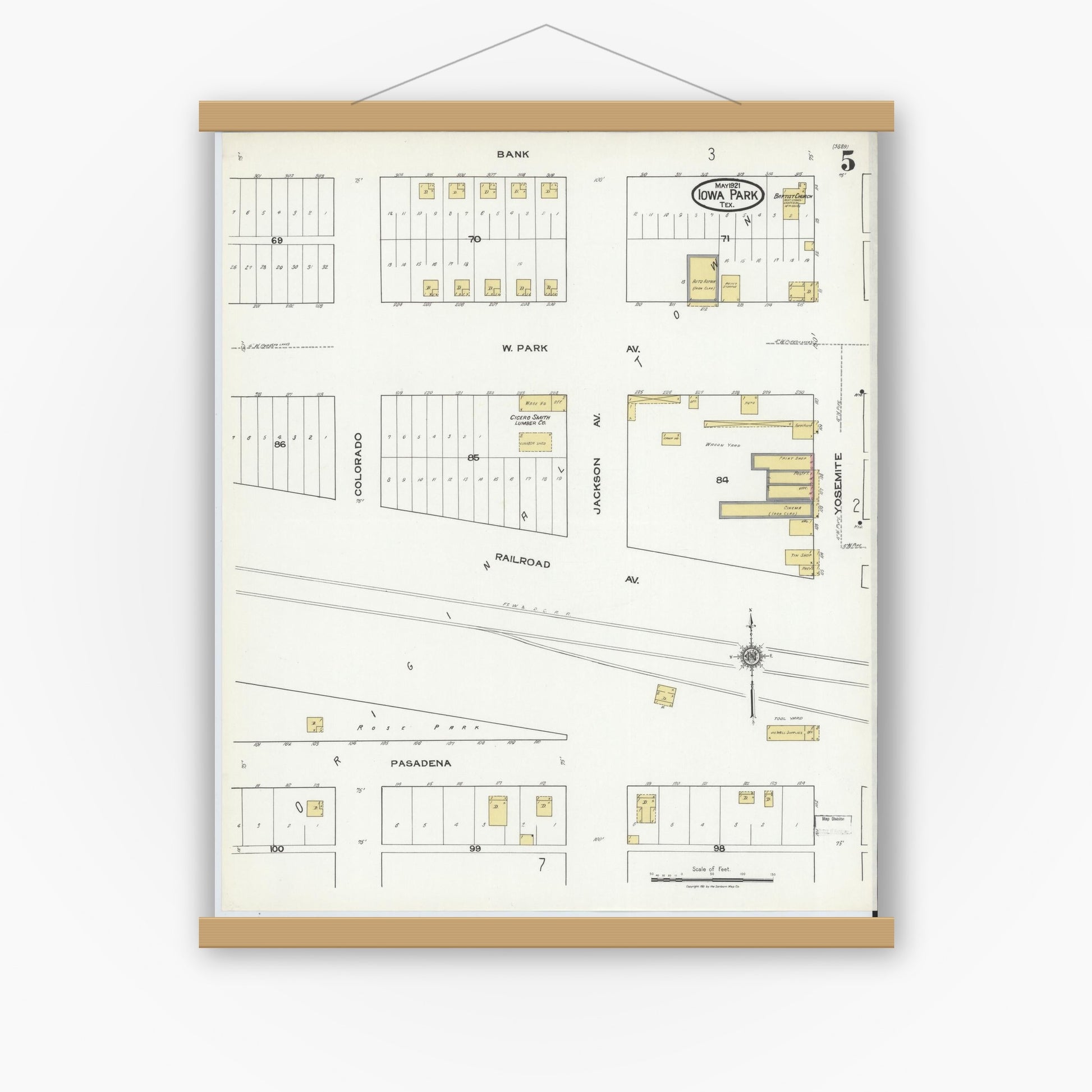 Old map wall art mockup — magnetic wood frame on white wall — Sanborn Fire Insurance Map from Iowa Park, Wichita County, Texas (1921), Sheet #0005