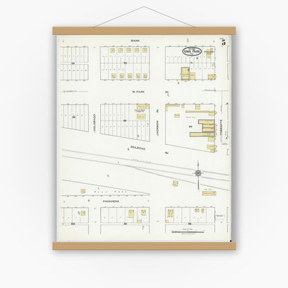 Old map wall art mockup — magnetic wood frame on white wall — Sanborn Fire Insurance Map from Iowa Park, Wichita County, Texas (1921), Sheet #0005