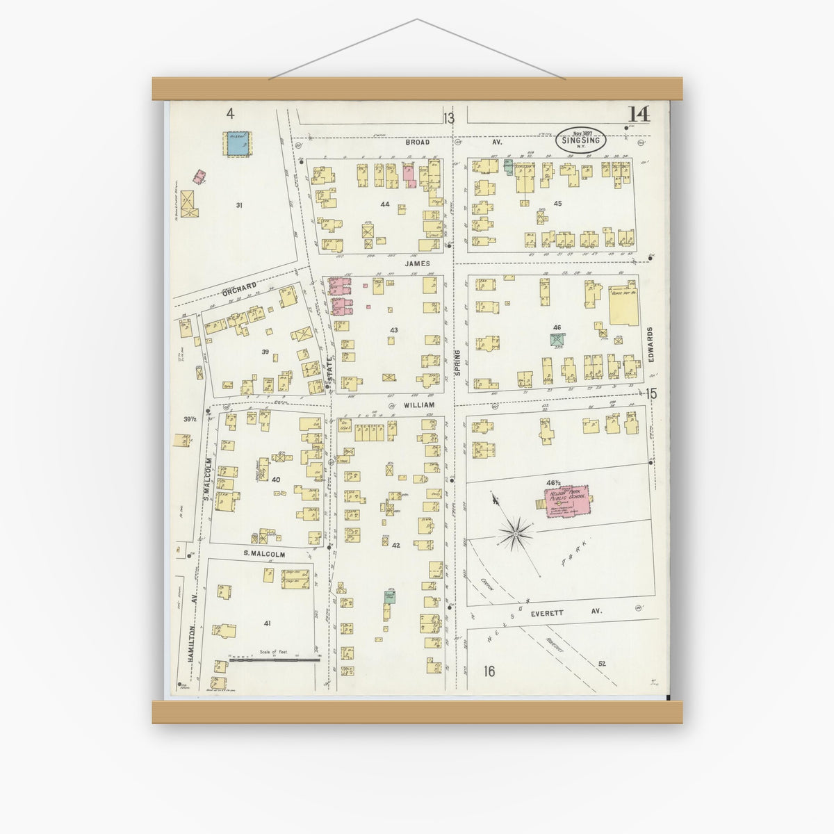 Old map wall art mockup — magnetic wood frame on white wall — Sanborn Fire Insurance Map from Sing Sing, Westchester County, New York (1897), Sheet #0014