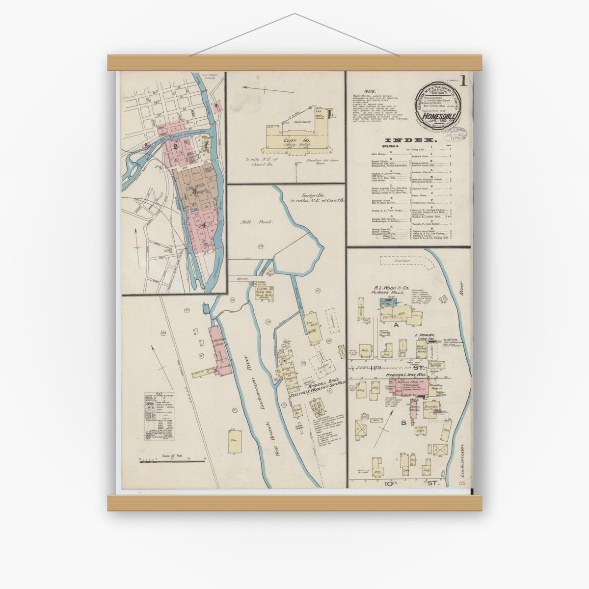 Old map wall art mockup — magnetic wood frame on white wall — Sanborn Fire Insurance Map from Honesdale, Wayne County, Pennsylvania (1885) - Complete Map Set