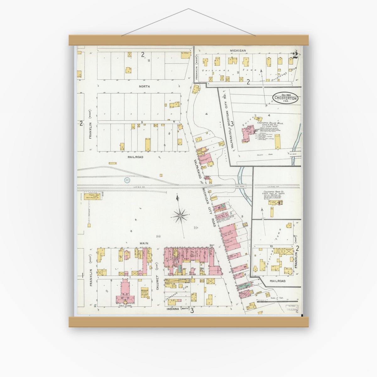 Old map wall art mockup — magnetic wood frame on white wall — Sanborn Fire Insurance Map from Chesterton, Porter County, Indiana (1905), Sheet #0002