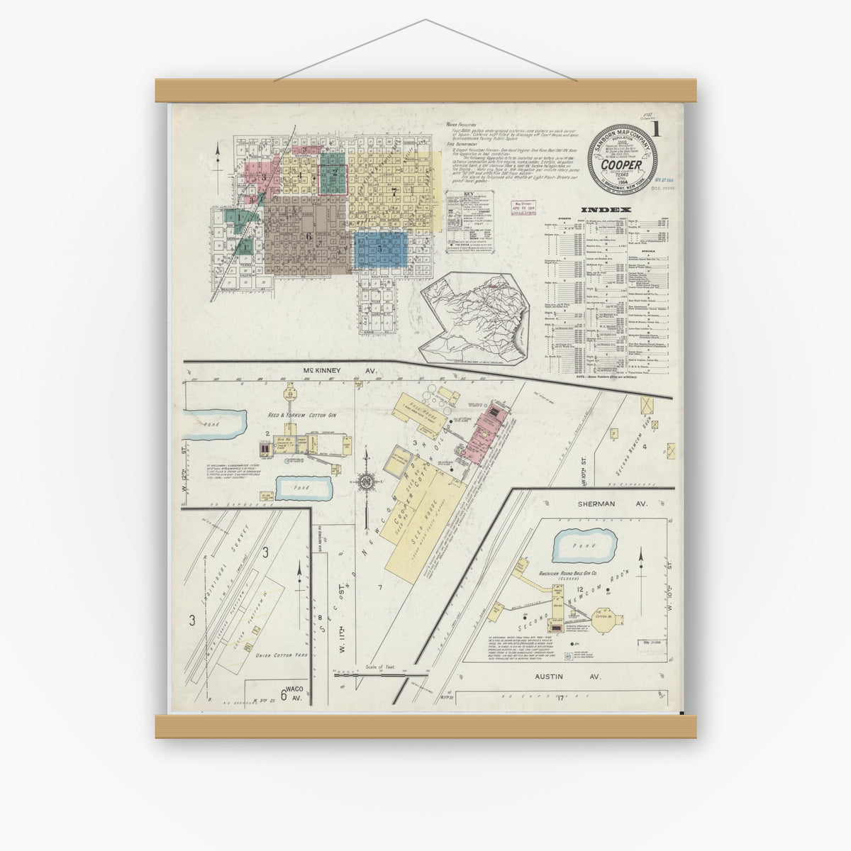Old map wall art mockup — magnetic wood frame on white wall — Sanborn Fire Insurance Map from Cooper, Delta County, Texas (1914) - Complete Map Set