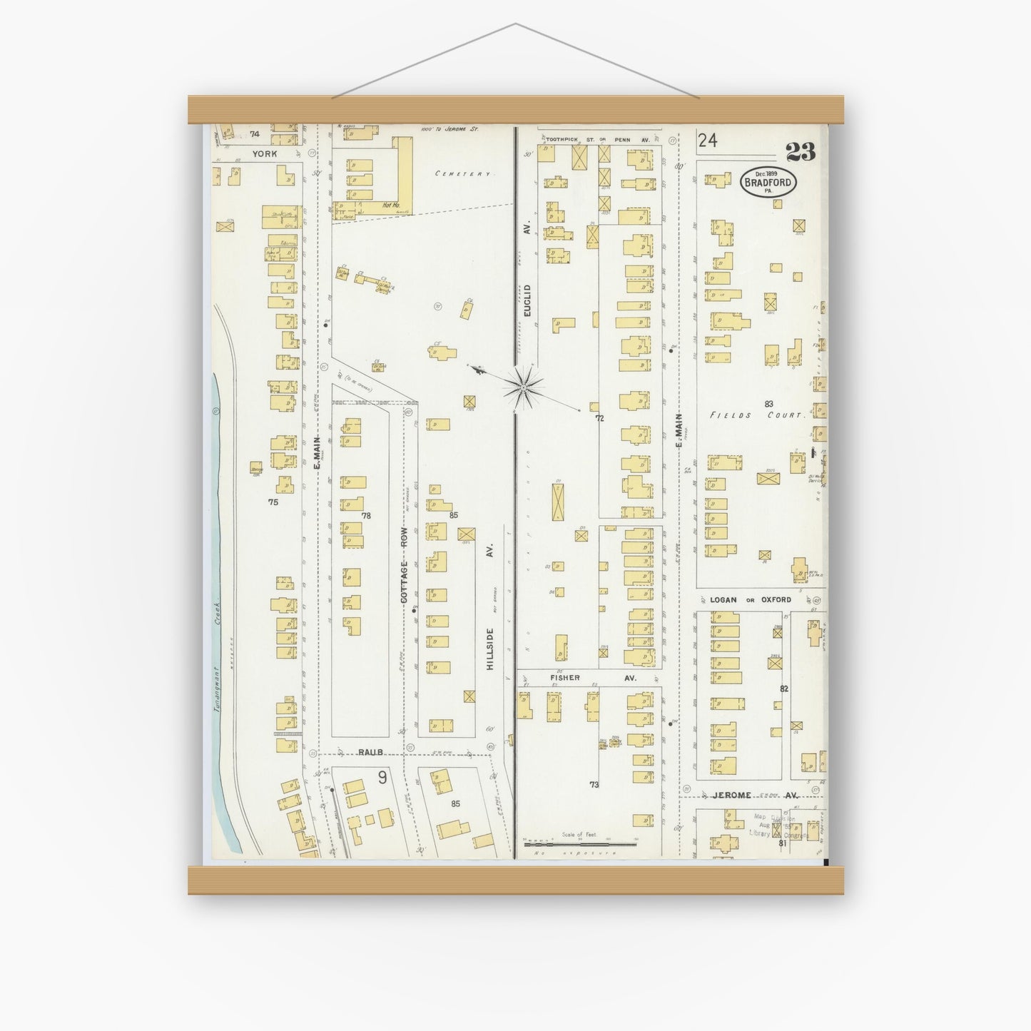 Old map wall art mockup — magnetic wood frame on white wall — Sanborn Fire Insurance Map from Bradford, McKean County, Pennsylvania (1899), Sheet #0023