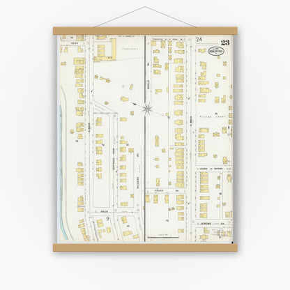 Old map wall art mockup — magnetic wood frame on white wall — Sanborn Fire Insurance Map from Bradford, McKean County, Pennsylvania (1899), Sheet #0023