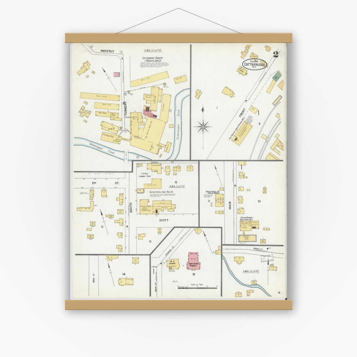 Old map wall art mockup — magnetic wood frame on white wall — Sanborn Fire Insurance Map from Cattaraugus, Cattaraugus County, New York (1902), Sheet #0002