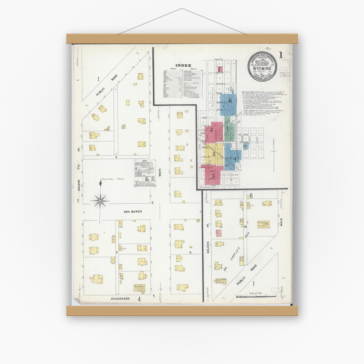 Old map wall art mockup — magnetic wood frame on white wall — Sanborn Fire Insurance Map from Wyoming, Stark County, Illinois (1907) - Complete Map Set