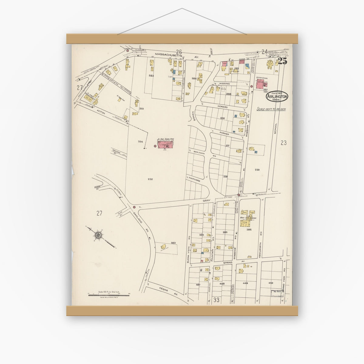 Old map wall art mockup — magnetic wood frame on white wall — Sanborn Fire Insurance Map from Arlington, Middlesex County, Massachusetts (1922), Sheet #0025