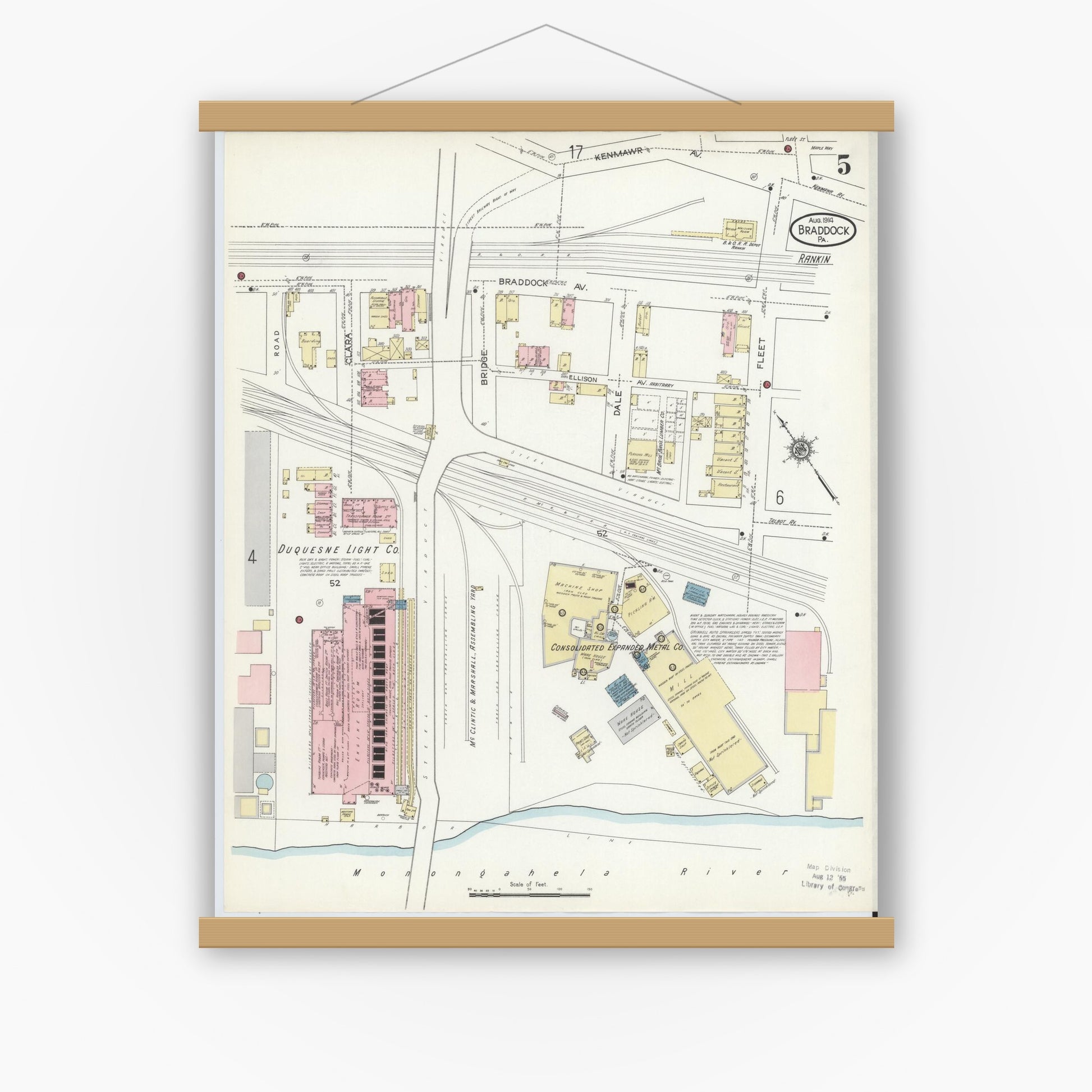 Old map wall art mockup — magnetic wood frame on white wall — Sanborn Fire Insurance Map from Braddock, Allegheny County, Pennsylvania (1914), Sheet #0005