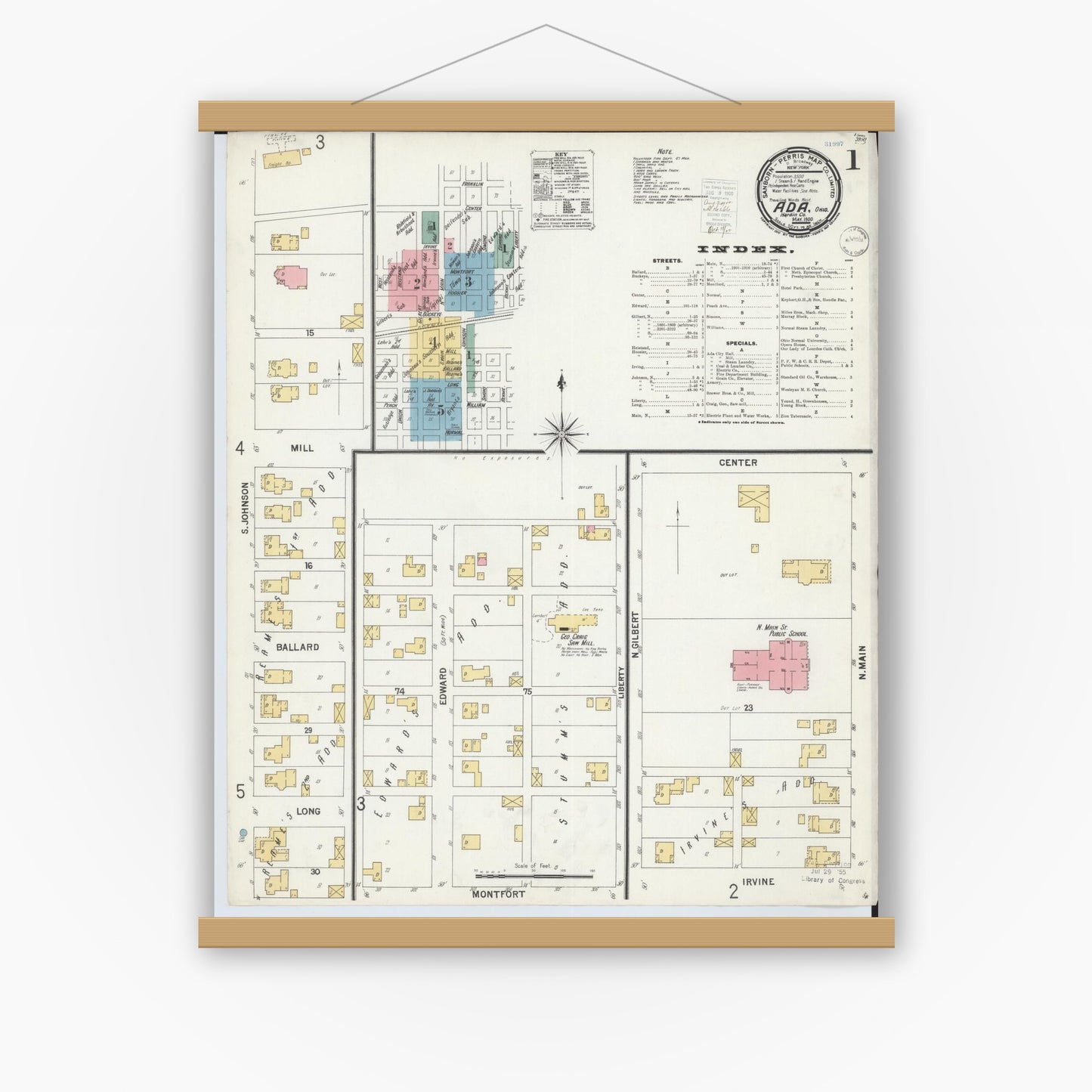 Old map wall art mockup — magnetic wood frame on white wall — Sanborn Fire Insurance Map from Ada, Hardin County, Ohio (1900), Sheet #0001