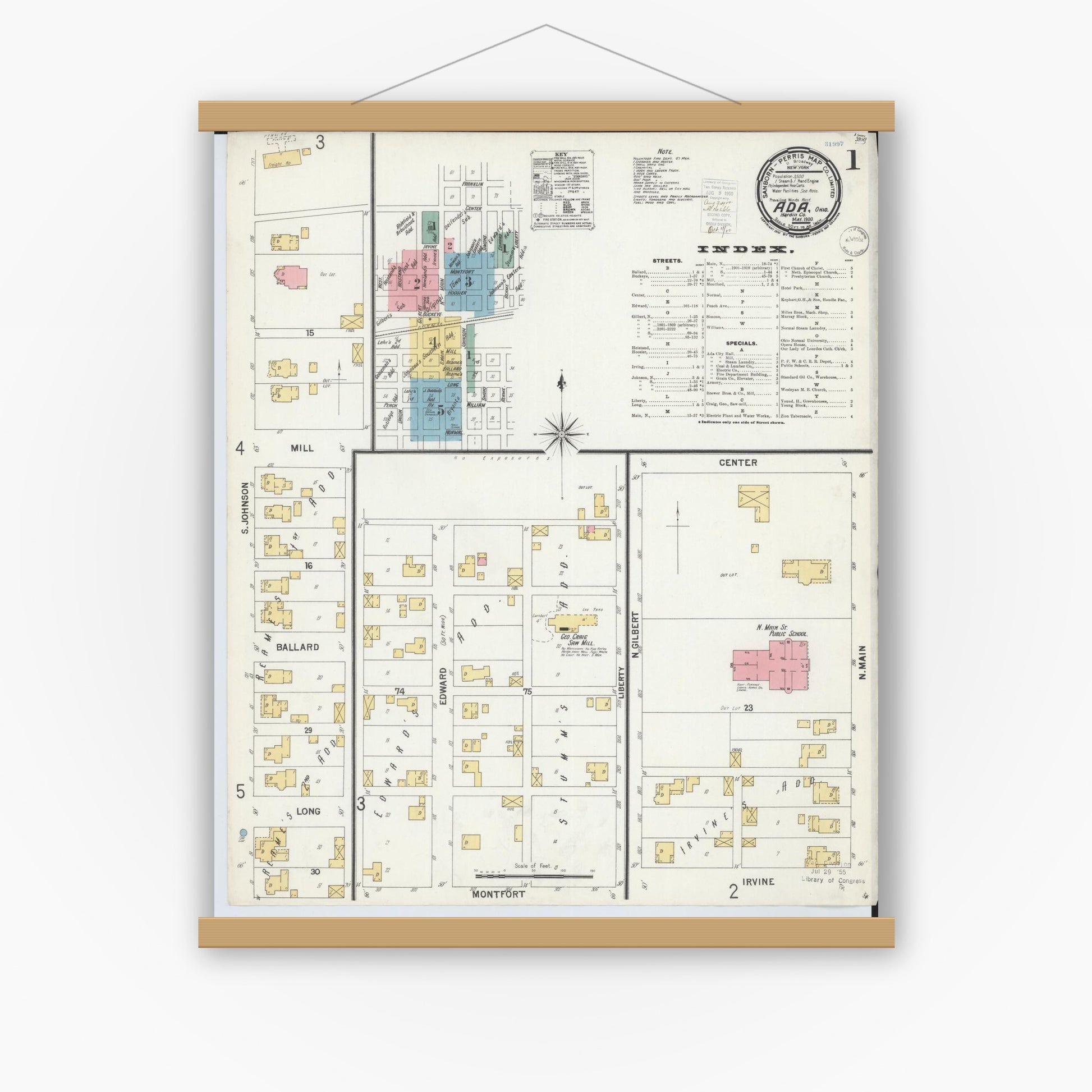 Old map wall art mockup — magnetic wood frame on white wall — Sanborn Fire Insurance Map from Ada, Hardin County, Ohio (1900), Sheet #0001