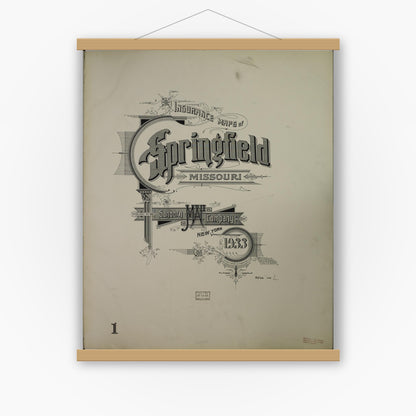 Old map wall art mockup — magnetic wood frame on white wall — Sanborn Fire Insurance Map from Springfield, Greene County, Missouri (1933), Sheet #0001