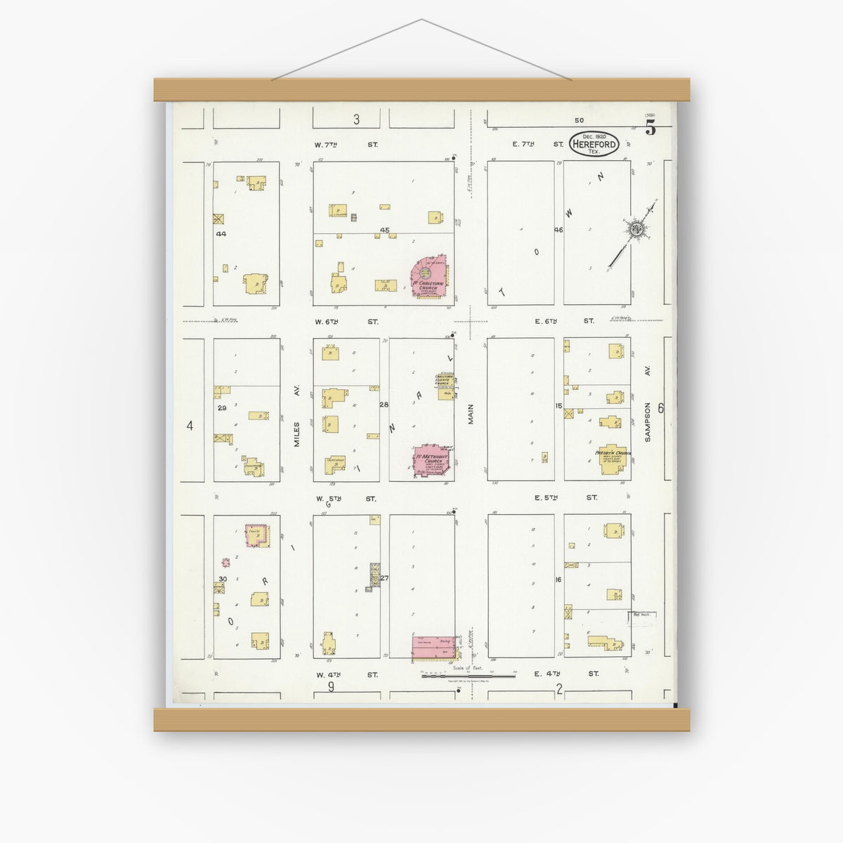 Old map wall art mockup — magnetic wood frame on white wall — Sanborn Fire Insurance Map from Hereford, Deaf Smith County, Texas (1920), Sheet #0005