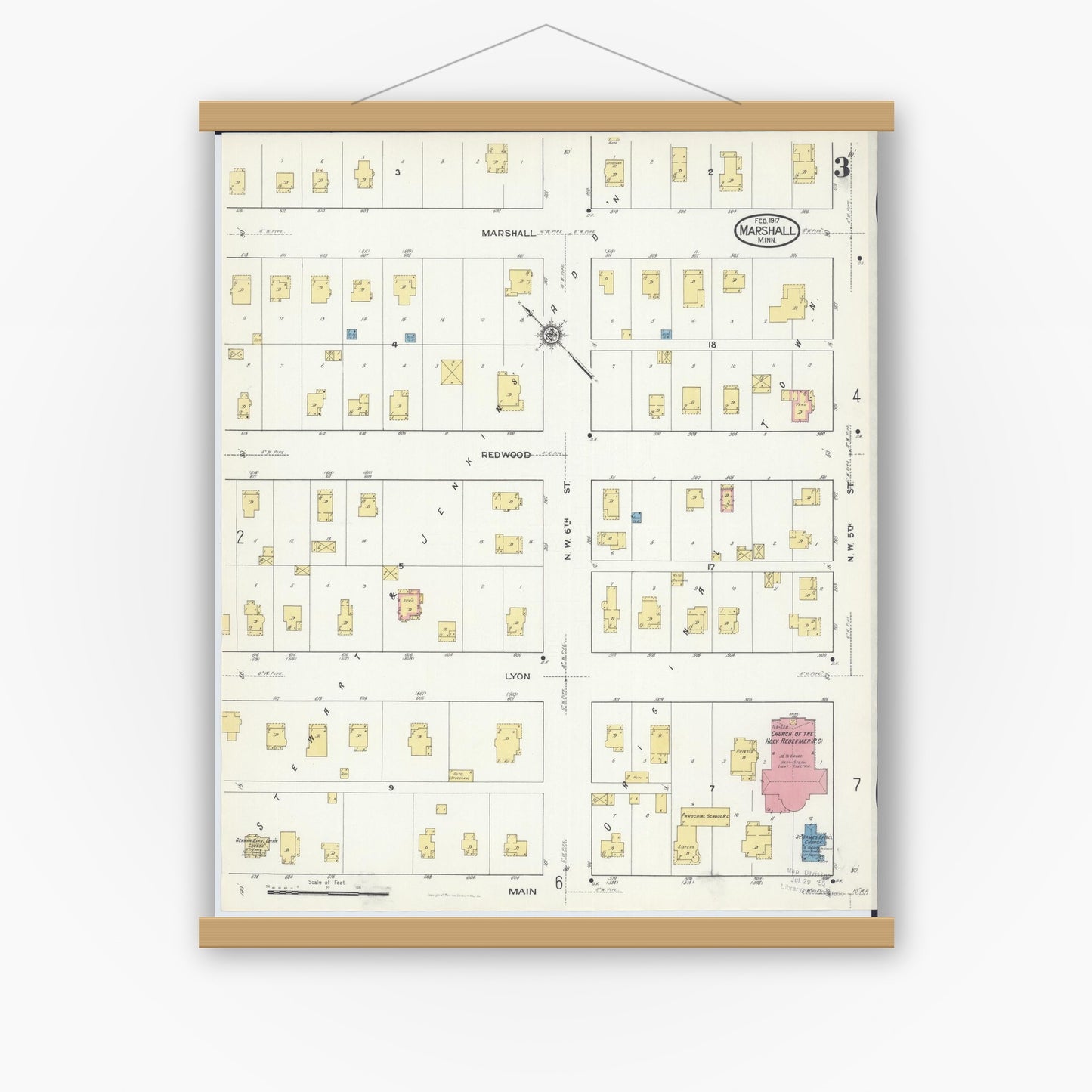 Old map wall art mockup — magnetic wood frame on white wall — Sanborn Fire Insurance Map from Marshall, Lyon County, Minnesota (1917), Sheet #0003