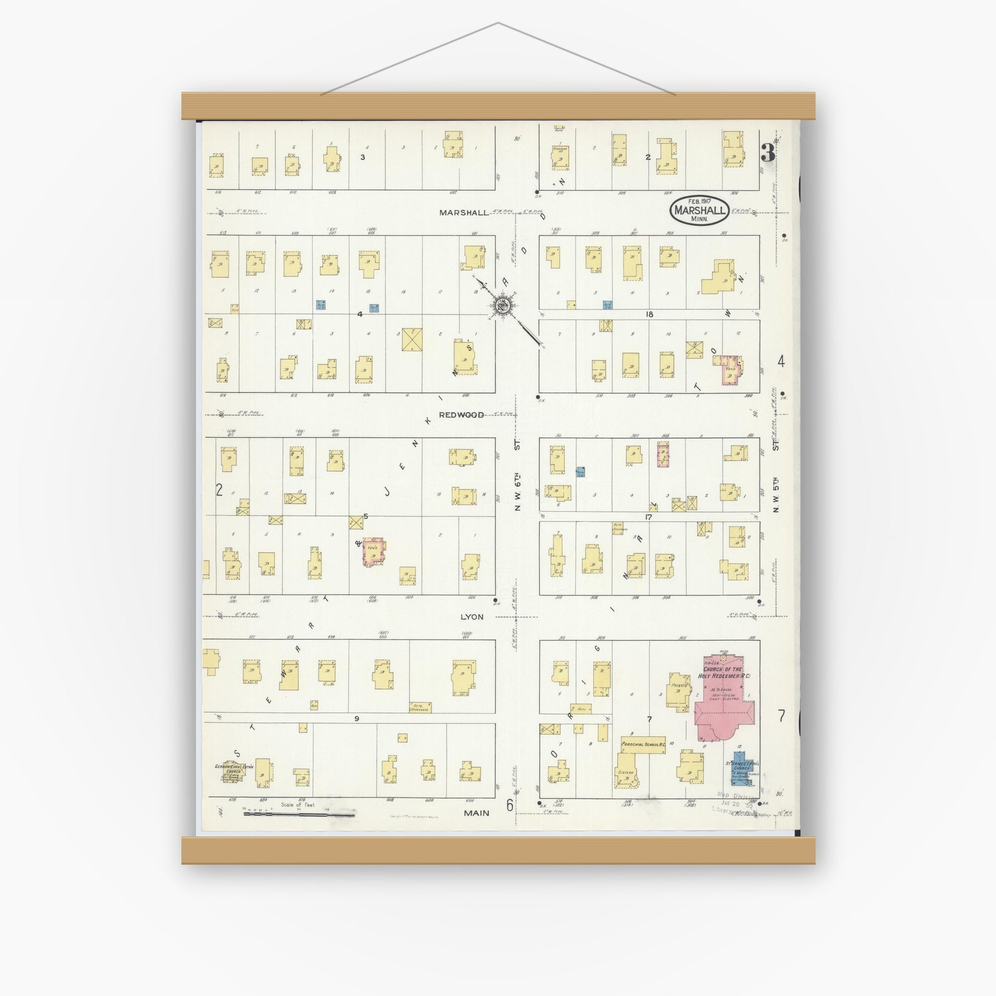 Old map wall art mockup — magnetic wood frame on white wall — Sanborn Fire Insurance Map from Marshall, Lyon County, Minnesota (1917), Sheet #0003