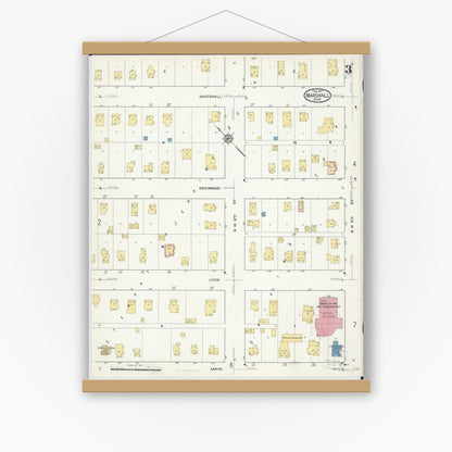 Old map wall art mockup — magnetic wood frame on white wall — Sanborn Fire Insurance Map from Marshall, Lyon County, Minnesota (1917), Sheet #0003