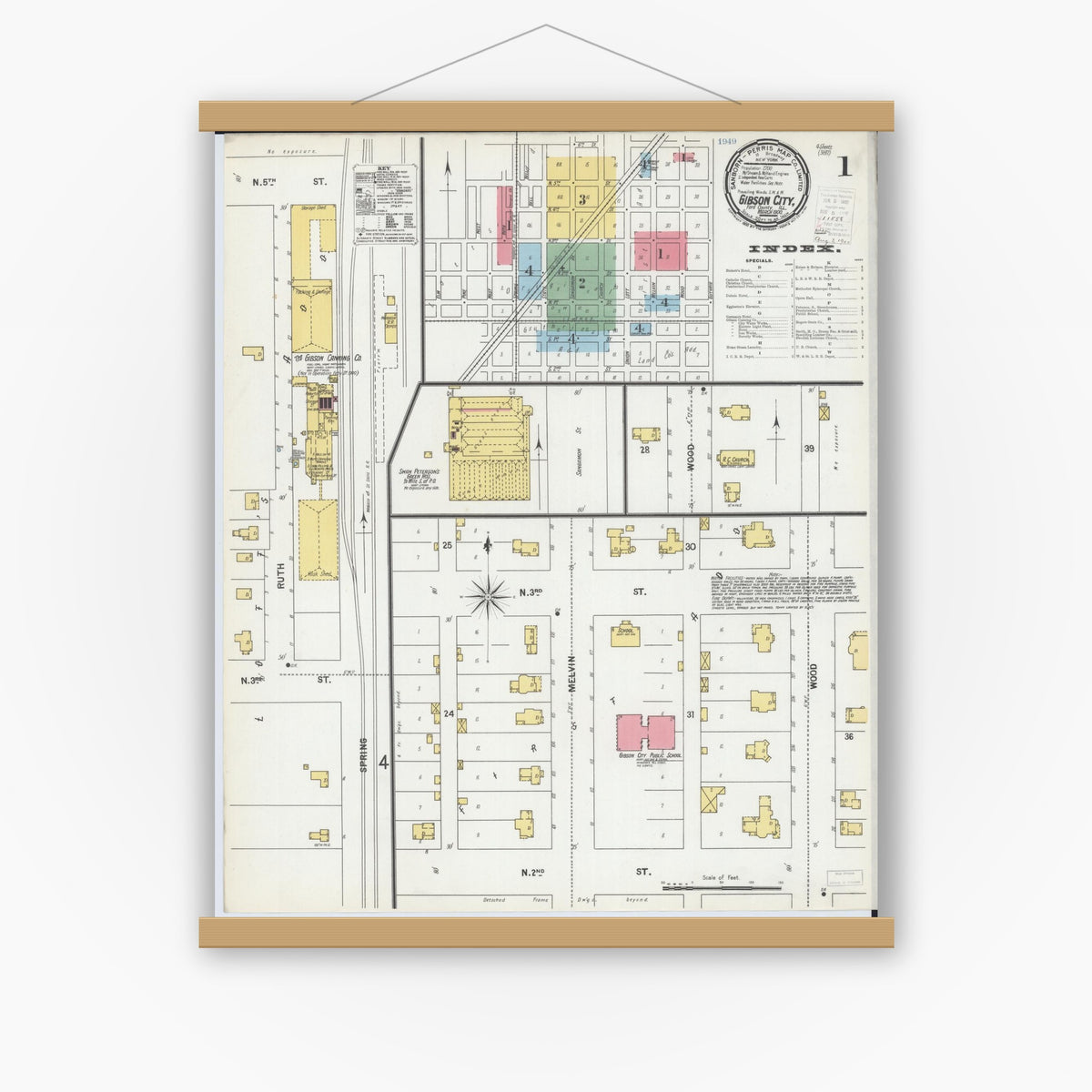 Old map wall art mockup — magnetic wood frame on white wall — Sanborn Fire Insurance Map from Gibson City, Ford County, Illinois (1900), Sheet #0001