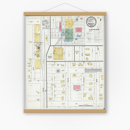 Old map wall art mockup — magnetic wood frame on white wall — Sanborn Fire Insurance Map from Gibson City, Ford County, Illinois (1900), Sheet #0001