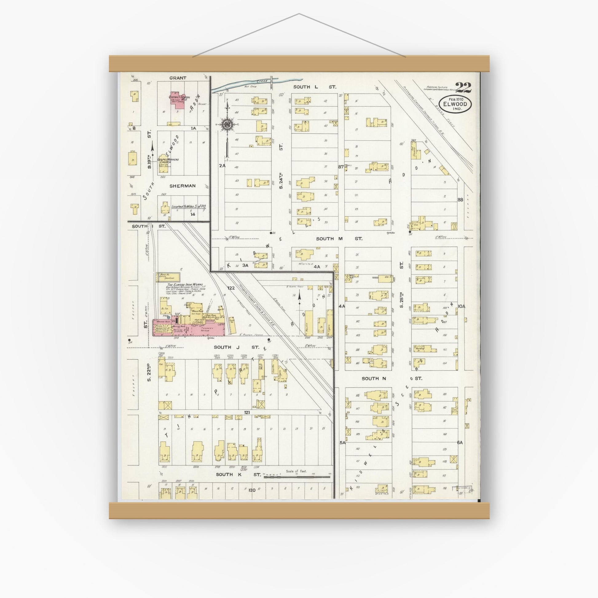 Old map wall art mockup — magnetic wood frame on white wall — Sanborn Fire Insurance Map from Elwood, Madison County, Indiana (1910), Sheet #0022