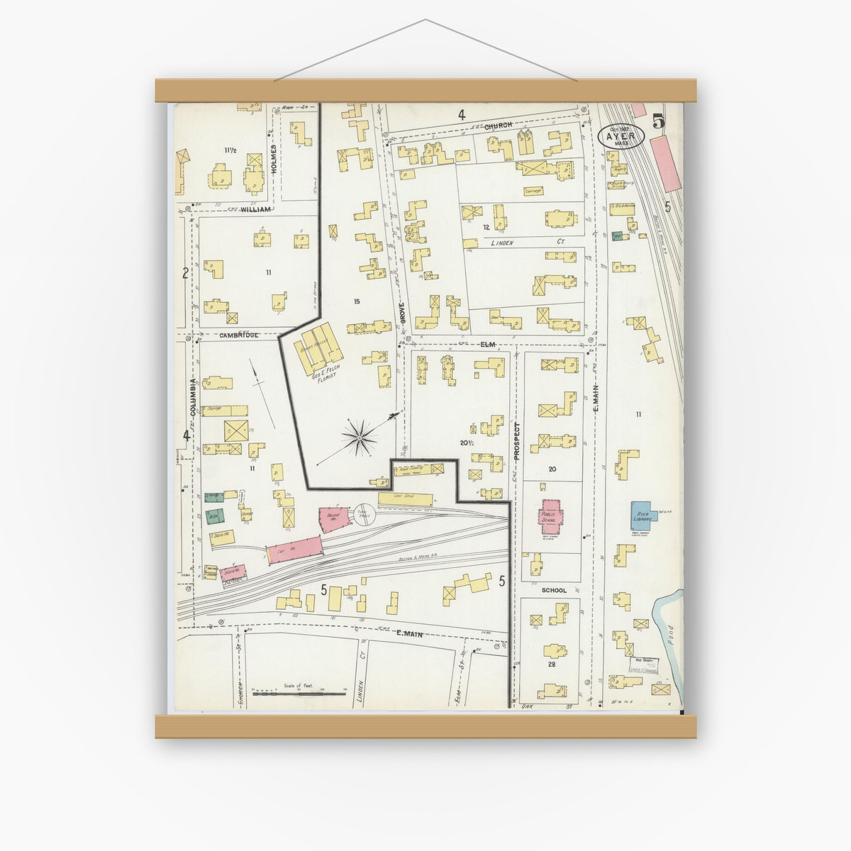 Old map wall art mockup — magnetic wood frame on white wall — Sanborn Fire Insurance Map from Ayer, Middlesex County, Massachusetts (1902), Sheet #0005