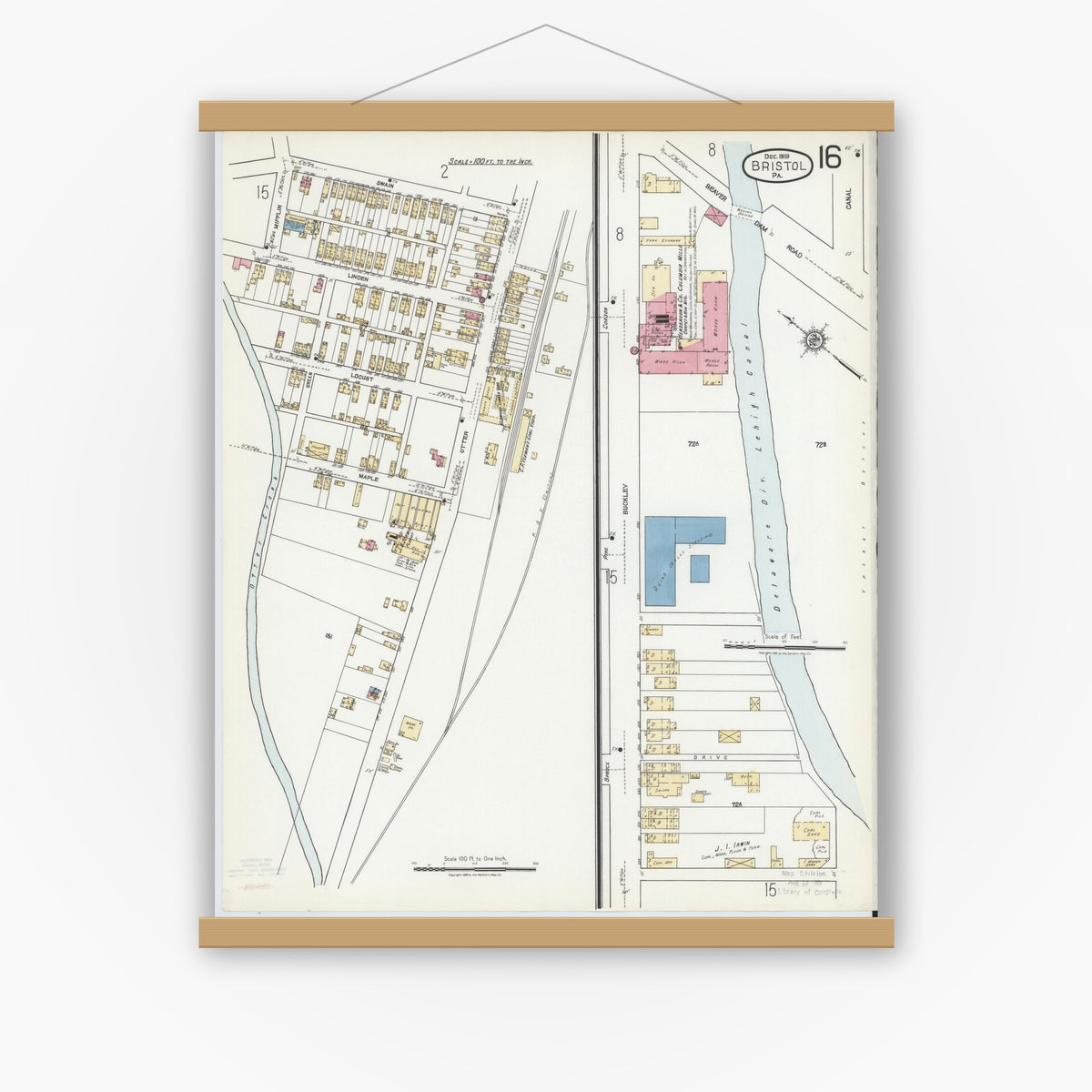 Old map wall art mockup — magnetic wood frame on white wall — Sanborn Fire Insurance Map from Bristol, Bucks County, Pennsylvania (1927), Sheet #0016