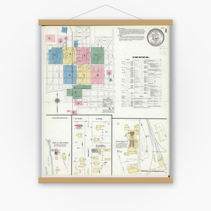 Old map wall art mockup — magnetic wood frame on white wall — Sanborn Fire Insurance Map from Olney, Richland County, Illinois (1910) - Complete Map Set