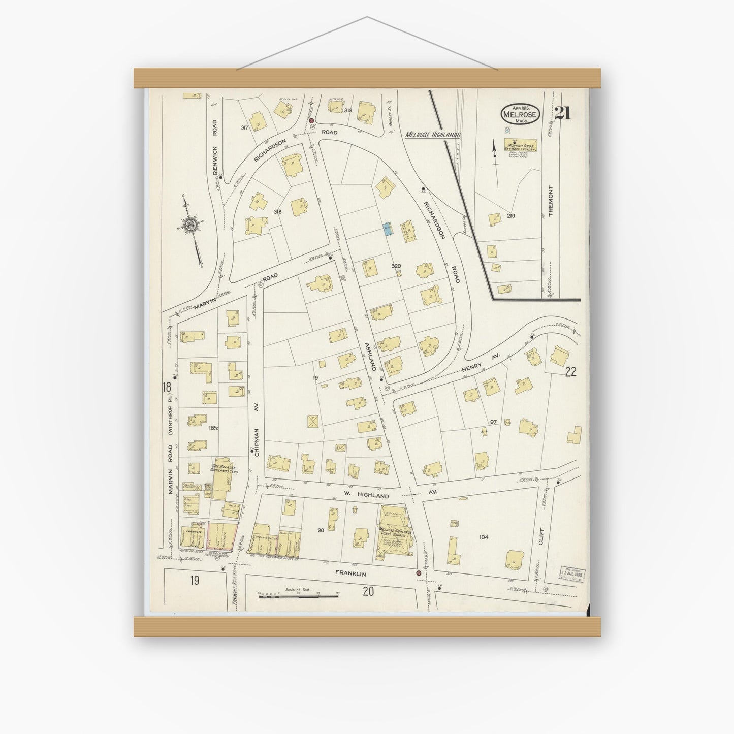 Old map wall art mockup — magnetic wood frame on white wall — Sanborn Fire Insurance Map from Melrose, Middlesex County, Massachusetts (1915), Sheet #0021