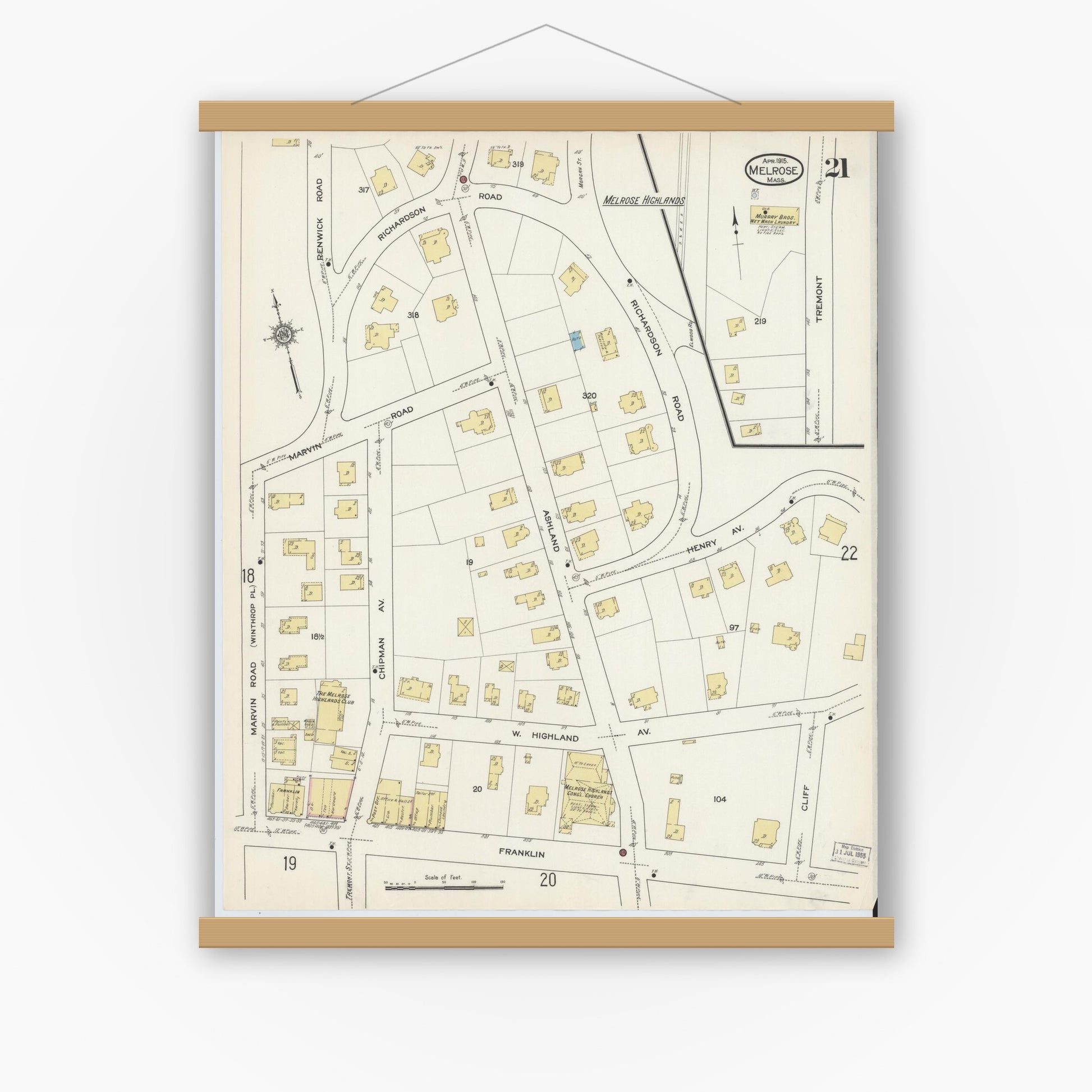 Old map wall art mockup — magnetic wood frame on white wall — Sanborn Fire Insurance Map from Melrose, Middlesex County, Massachusetts (1915), Sheet #0021