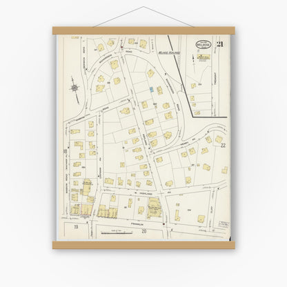 Old map wall art mockup — magnetic wood frame on white wall — Sanborn Fire Insurance Map from Melrose, Middlesex County, Massachusetts (1915), Sheet #0021