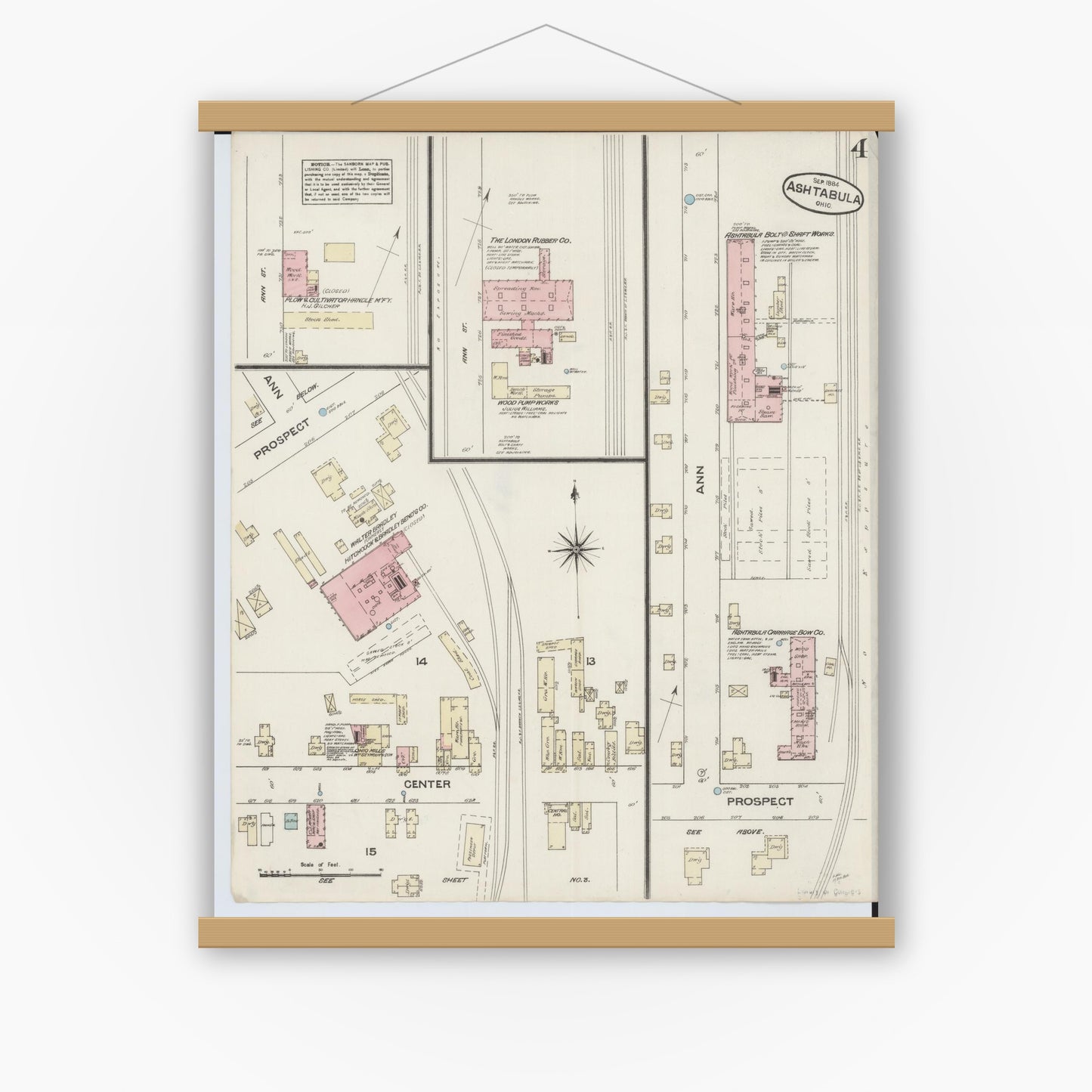 Old map wall art mockup — magnetic wood frame on white wall — Sanborn Fire Insurance Map from Ashtabula, Ashtabula County, Ohio (1884), Sheet #0004