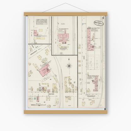 Old map wall art mockup — magnetic wood frame on white wall — Sanborn Fire Insurance Map from Ashtabula, Ashtabula County, Ohio (1884), Sheet #0004