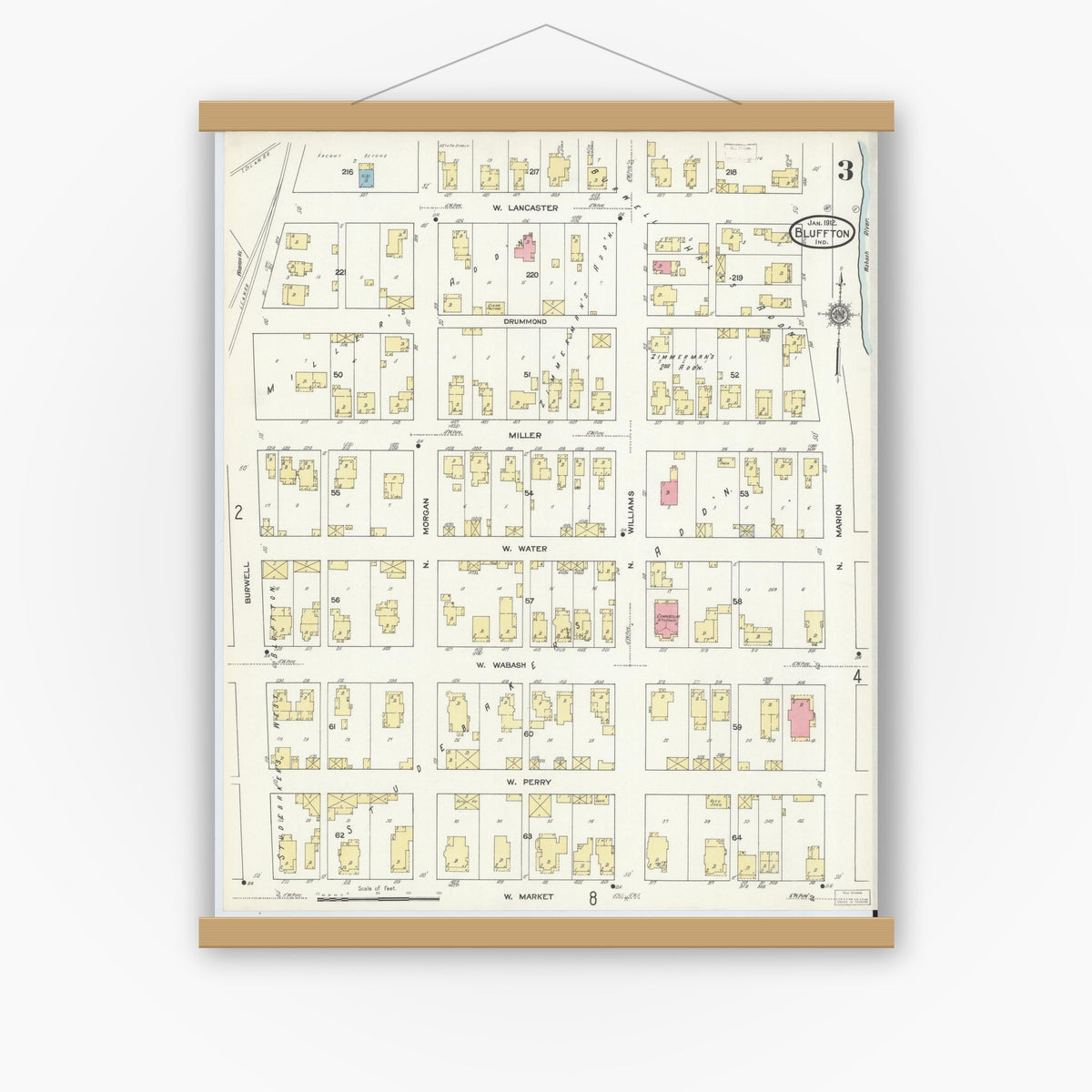 Old map wall art mockup — magnetic wood frame on white wall — Sanborn Fire Insurance Map from Bluffton, Wells County, Indiana (1912), Sheet #0003