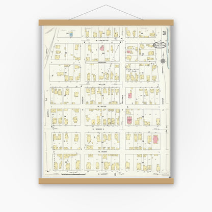 Old map wall art mockup — magnetic wood frame on white wall — Sanborn Fire Insurance Map from Bluffton, Wells County, Indiana (1912), Sheet #0003